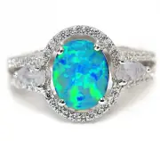 Natural Blue Fire Opal & White Topaz 925 Sterling Silver Ring Jewelry Sz 7