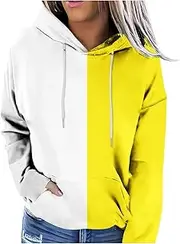 Sczwkhg Women's Casual Sweatshirts Fall Lightweight Long Sleeve Color Block Tunic Tops Drawstring Loose Fit Hoodie Pullover