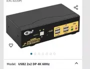 CKL 2 Port KVM Switch Dual Monitor DisplayPort 4K 60Hz, 2 Computers x 2 Monitors