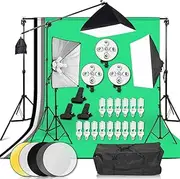 YISITONG 3375W Continuous Lighting Softbox Background Kit - 15 x 45W Bulbs + 5-Socket Light Heads + 4 Backdrops (Black/White/Green/Gray) + Stand & Reflector