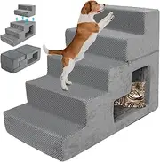 Dog Stairs for Small Dogs, Pet Steps for High Bed, 3-in-1 Convertible Puppy Steps, Non-Slip Pet Ramp for Cats, Grey, 4+1 Steps