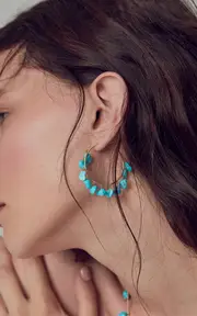 [Charms Company] Fallen Sky Turquoise 14K Yellow Gold Pair of Hoop Earrings