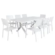 Percy 9pc 200cm Outdoor Trestle Dining Table Chair Set Aluminium Frame White