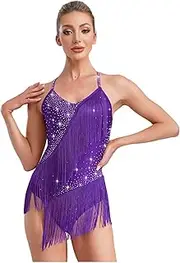 [RUNQHUI] Women Shiny Rhinestones Latin Dance Leotard Backless Dress Ballroom Tassels Fringe Gymnastics Bodysuit