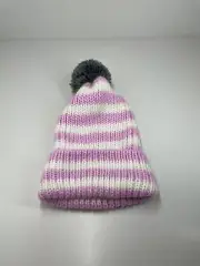 Women's beanie Peter Alexander white and pink stripe knit pom pom 100% acrylic