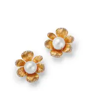 Bloomingdale's Fine Collection Freshwater Pearl & Diamond Flower Stud Earrings in 14K Yellow Gold