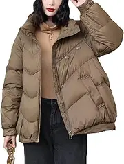 [Generic] Women's Earthy Brown High-Collar Puffer Jacket - Boxy Silhouette with Zipper Closure and Large Functional Pockets