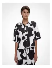 [Witchery] Boxy Cropped Shirt in Geo Tile Black