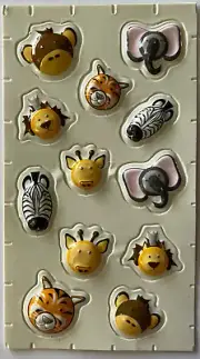 ZOO ANIMAL HEAD Dimensional Pop-Up Stickers(12pc)Zebra •Monkey•Hippos •Lion•Deer