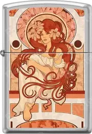 Zippo Nouveau Woman Red Long Hair Alphonse Mucha Style Street Chrome Lighter