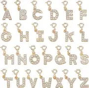 WEBEEDY 26 Styles Rhinestone Letters Clip on Charm Golden Letters Charm, Letters Pendant Charms with Lobster Clasps for DIY Jewelry Making Bracelets Necklace Purse Keychains Earrings Accessories