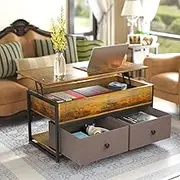 NOAEOU Lift Top Coffee Table, Industrial Wood Storage Shelf Cabinet for Living Room Reception Room Office, Pop-Up Storage, Open Shelf Rising Center/End Table for Living Room Reception (Black Brown)
