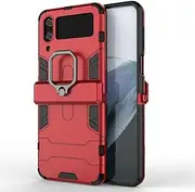 [SATURCASE] Case for Samsung Galaxy Z Flip 4, Ring Kickstand Hybrid 2 in 1 [PC & Silicone] Dual-Layer Bumper Shockproof Protective Cover for Samsung Galaxy Z Flip 4 (HZ-Red)