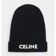 Celine Paris Black White Logo Laine Knit Wool Embroidered Beanie Winter Hat