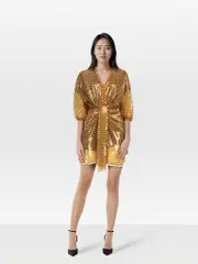 Brown Checkered Sequin Ruched Dress