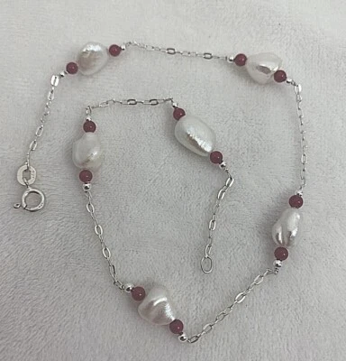 Handmade ~ Sterling Silver .925 Pearl and Red Coral 11" Anklet Ankle Bracelet