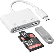 USB C to USB Camera Adapter, SD Card Reader for iPhone 15 16 Series 3 in 1 Memory Card Adapter with Dual Card Slots & USB Port for iPhone/iPad/Mac/Laptop/Android Trail Camera Card Reader Plug and Play