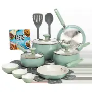 Clean Ceramic 16 Piece Non-Stick Aluminum Cookware Set, Sage Green