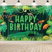 Reptile Birthday Background, Reptile Snakes Lizard Alligator Turtle Happy Birthday Banner for Children Boys Birthday Party Decorations, Jungle Swamp Birthday Party, 180 x 120 cm