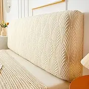Jacquard Fabric Headboard Covers - Solid Stretch Dustproof Full Wrap Soft Bed Headboard Slipcover, Washable Protective Backrest Cover for Bedroom Decor Upholstered Beds (Beige,Bed:220cm)
