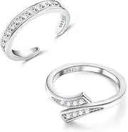 [Sanfenly] 2Pcs Sterling Silver Toe Rings Set Cubic Zirconia Adjustable Band Rings Fitted Wrap Around Toe Ring for Women Summer Barefoot Jewelry