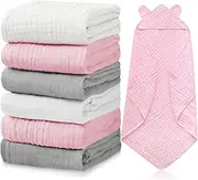 Preboun 6 Pcs Muslin Baby Bath Towel with Hood Cute Hooded Baby Towels Cotton Absorbent Baby Hooded Towel for Newborn Kids Girl Infant Boys Toddler Shower Gift Supplies (Grey,Pink,White)