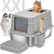 SHENMAIDAY Stainless Steel cat Litter Box, cat Litter Box with lid, Large Breathable cat Litter Box with Shovel, Clean Non-Stick and Leak-Proof, Light Gray