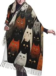 [YANYU] Cat Print Versatile Tassel Scarf 77" X 27" Scarf Winter Accessory Fashionable Gift Scarf, Black