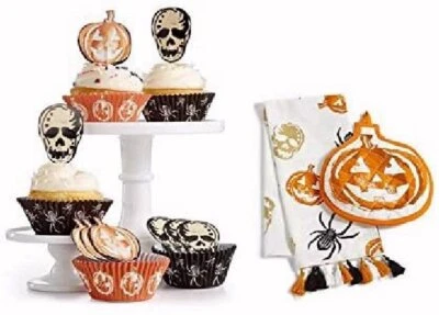 Scary Halloween Cupcake Liners & Toppers + Pumpkin Potholder w/ Kitchen Towel