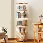 YVYKFZD Rotating Bookshelf, Acrylic Revolving Bookcase Tower, 5/6 Tier 360° Display Storage Rack with Wheels, Narrow Corner Book Shelf Organizer, for Small Space(Wood Color,5 Tier 13.7x13.7x61.8)