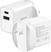 Philips USB A + USB C Wall Charger Adapter Plug Dual Port Fast Charging |Safety | SAA Approved| Australia Standard| Compatible with iPhone 16/15/14/13/Pro/Pro Max| iPad (White, 20W)