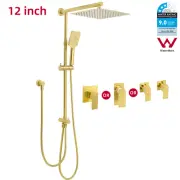Brushed Gold 12'' Square 2 In 1 Shower Head Set Sliding Rail Twin Hose Mixer Tap