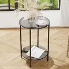 2-Tier Modern Tall Metal and Glass Round Side End Table for Bedroom Living Room