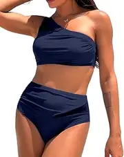 [Wellwits] Women's One Shoulder Mesh Insert High Waist Bikini Set Swimsuit
