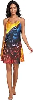 [RPLIFE] Wolf Howling Fiery Orange Slips for Women, Satin Cami Sleep Dress, Sleeveless Night Shirts for Woman