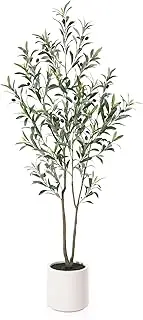 Artificial Olive Trees,5FT Tall Fake Olive Tree with White Planter,Faux Olive Silk Plant with Natural Wood Trunk and Lifelike Fruits for Home Office Decor Housewarming