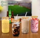 Drinking Glasses with Bamboo Lids and Glass Straw 4pcs Set - 16oz Can Shaped...