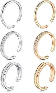 [MODRSA] Toe Rings for Women Silver Rose Gold Adjustable Simple Open Band Joint Knuckle Tail Ring Hypoallergenic Diamond Flower Foot Fingers Jewelry for Summer Sandals