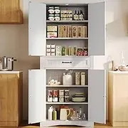 Gizoon 71'' Kitchen Pantry Storage Cabinet, Freestanding Pantry Organizers and Storage Cabinet with 4 Doors and 4 Adjustable Shelves, Tall Cabinet with Large Drawer for Kitchen, Living Room, Bathroom