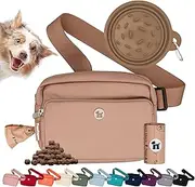 Puppington 3-in-1 Crossbody Bag & Dog Treat Pouch for Pet Training - Matching Compostable Poop Bags, Built-In Poop Bag Dispenser & Slow-Feeding Travel Dog Bowl - Dog Walking Bag, Latte Beige, One Size
