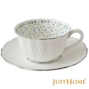 【Just Home】緻白浮紋花語新骨瓷6入咖啡杯盤組附收納架(附禮盒)