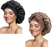 Satin Silk Hair Bonnet for Sleeping Large Bonnets with Tie Band Wrap with Adjustable Straps Night Sleep Caps for Women Curly Braid Hair (Black,Coffee), Black,coffee