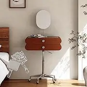 Small Vanity Desk with 2 Drawers and Mirror, Movable,Liftable,Height-Adjustable,Nordic Bauhaus Retro(Brown)