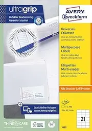 AVERY Zweckform 3652 Address Labels (2,100 Adhesive Labels, 70 x 42.3 mm on A4, Matte Paper, Printable Sender Labels, Self-Adhesive Address Labels with Ultragrip), 100 Sheets, White