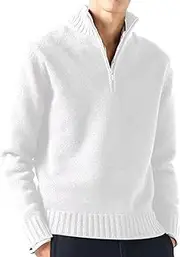 [Gsywaipei] Men's Mock Neck Knit Pullover Soft Casual Slim Fit Knits Sweaters Quarter Zip Solid Male Knitted Sweater, White, XL