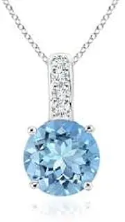 [Angara] Natural Solitaire Round Aquamarine Pendant Necklace with Diamond Bale in Sterling Silver/14ct Solid Gold for Women | March Birthstone Jewellery for Her