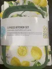 Martha Stewart 5 Piece Kitchen Set 2 Oven Mitts, 2 Pot Holders, And 1 Apron New