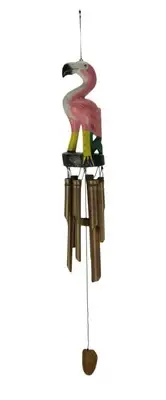 Hand Carved Wood and Bamboo Tropical Pink Flamingo Wind Chime
