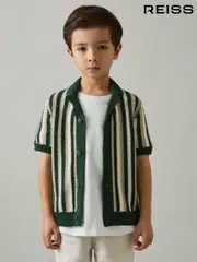 Reiss Green Carrington 9-13 yrs Cotton Crochet Stripe Cuban Shirt (AT5460) | $90