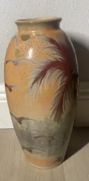 DMW STUDIO CRAFTED STONEWARE POTTERY TROPICAL PALM TREES BIRDS DECORATIVE VASE